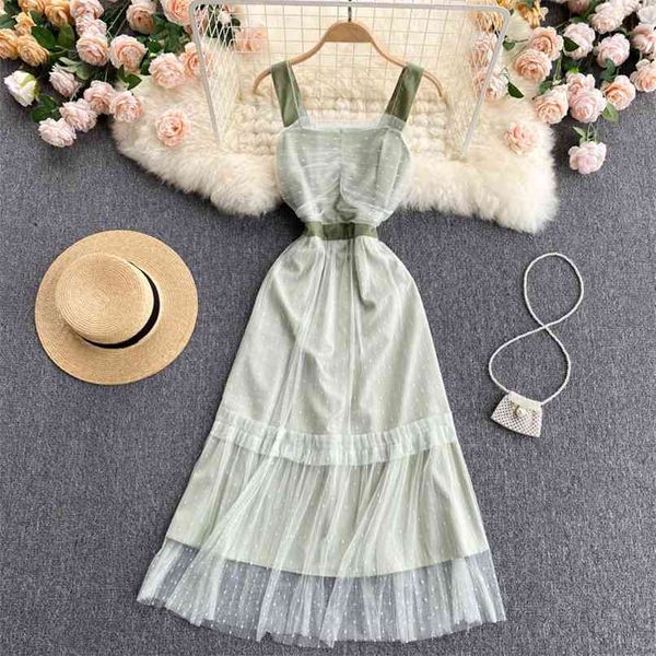 

women fashion sleeveless slim sweet polka dot gauze a-line dress elegant summer clothes vintage vestidos s690 210527, Black;gray