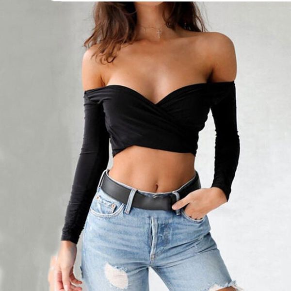 

women's t-shirt 2021 fashion women clothes v neck off shoulder t-shirts summer long sleeve crop casual solid color t shirt, White