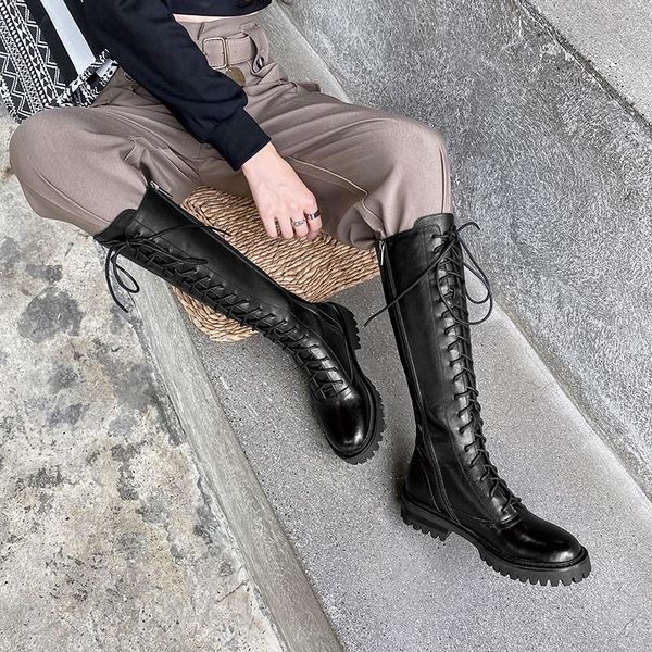 

high street fashion zip cow leather thigh boots round toe low heels punk style female winter lace-up, Black