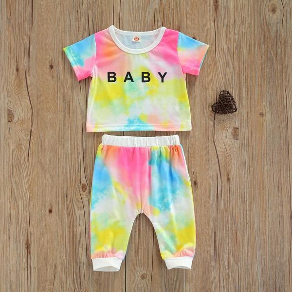 

clothing sets baby girls tie-dye clothes set, letter print short sleeve o-neck t-shirt + elastic waist long pants, White