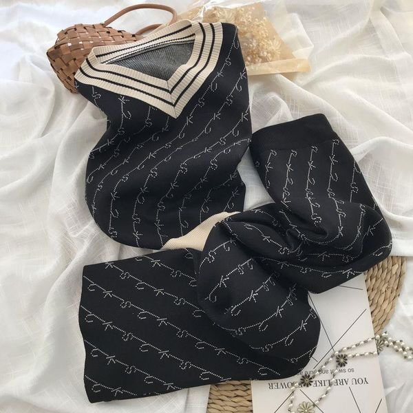 

women's two piece pants letter print sweater 2 sets woman's v-neck knitted pullover+wide leg stripe tracksuits vintage suits elega, White