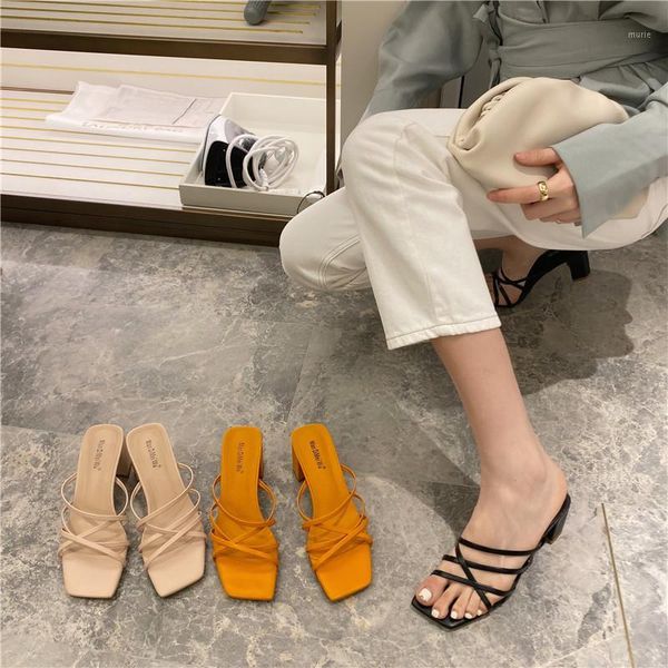 

slippers 2021 fashion square toe slip on for women sandals spring summer high heel beach slides ladies female shoes heels woman1, Black