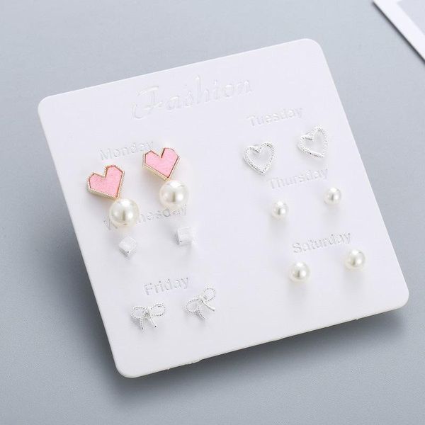 

stud 6 pairs simple elegant silver color pink heart piercing earrings set for women round simulated pearl ear studs cuff, Golden;silver