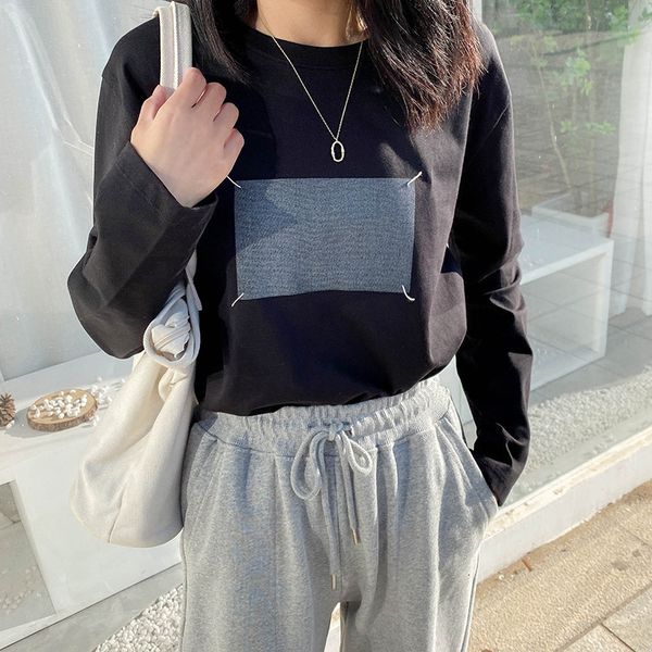 

women's t-shirt ctrllock soft cotton square printed long sleeve t-shirts women autumn round collar basic casual bottoming shi, White