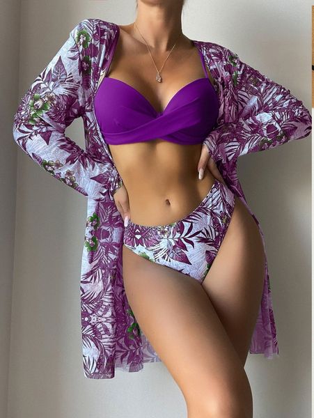 

tropical print push up bikini swimsuit with kimono g806#, White;black