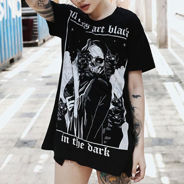 

women's t-shirt 2021 summer high street western style black fashion loose casual grim reaper skull printing round neck, White