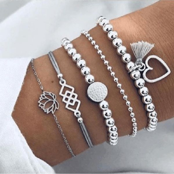 

link, chain vova classic 6 piece set / women's fashion personality fringed bead bracelet bohemian jewelry, Black
