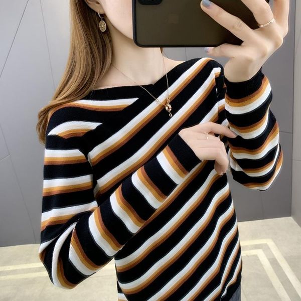 

women's sweaters 5958f zone 26 right] - real s silk straight collar diagonal stripe knitting pullover 49, White;black