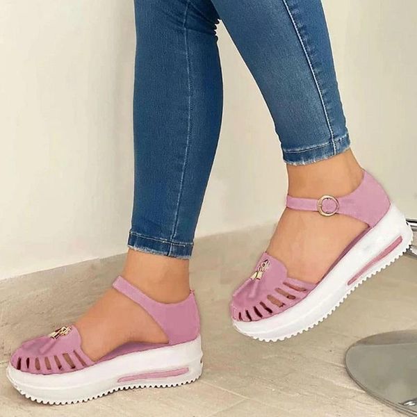 

sandals 2021 summer platform women shoes round toe beach flat hollow out buckle strap ladies gladiator, Black