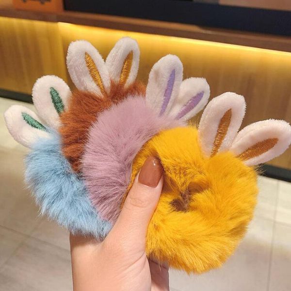 

hair accessories girls plush ears rope head female cute large intestine band autumn and winter rubber children, Slivery;white