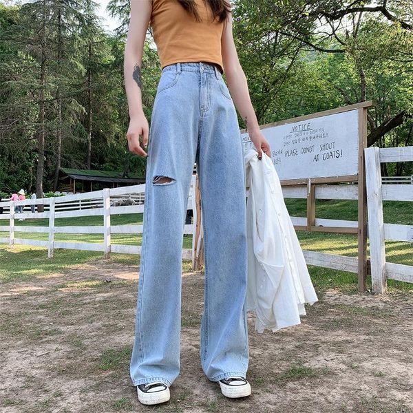 

women's jeans high waist fashion denim pants wide leg loose hole full length casual vintage pockets trousers, Blue