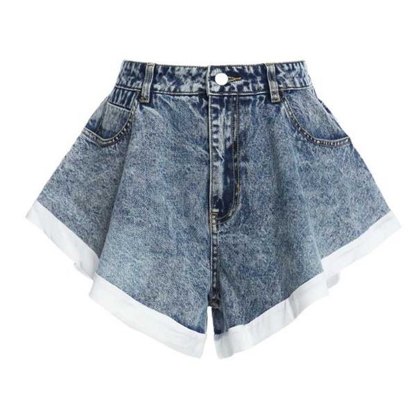 

women's shorts 2021 summer fashion blue denim washed pockets zippers female ruffled big swing hit white, White;black