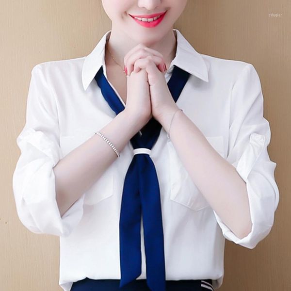 

women's blouses & shirts fashion woman 2021 bow v- neck office white blouse ladies blusas long sleeve women chiffon shirt c942