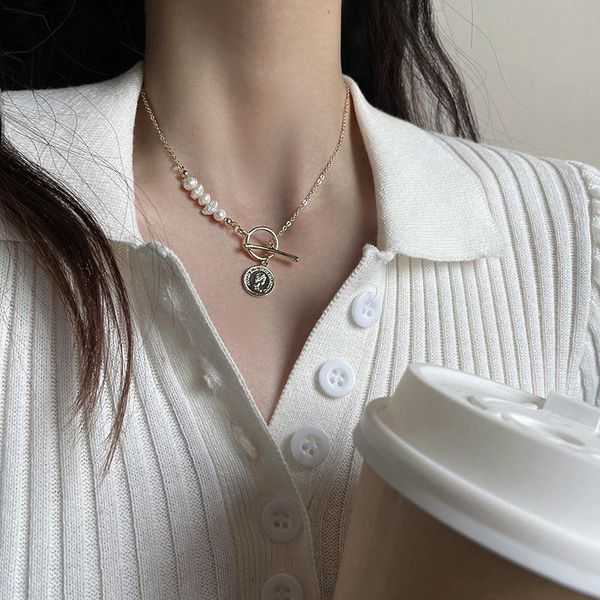 

chokers 2021 simple retro pearl necklace asymmetric light luxury female clavicle chain necklaces jewelry, Golden;silver