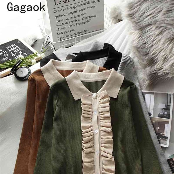 

women korean knitted sweaters spring autumn sweet full lapel patchwork ruffles slim chic wild pullovers 210531, White;black