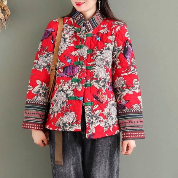 

ethnic clothing women retro chinese style coat traditional oriental print fashion qipao elegant hanfu winter tang suit jackets, Red