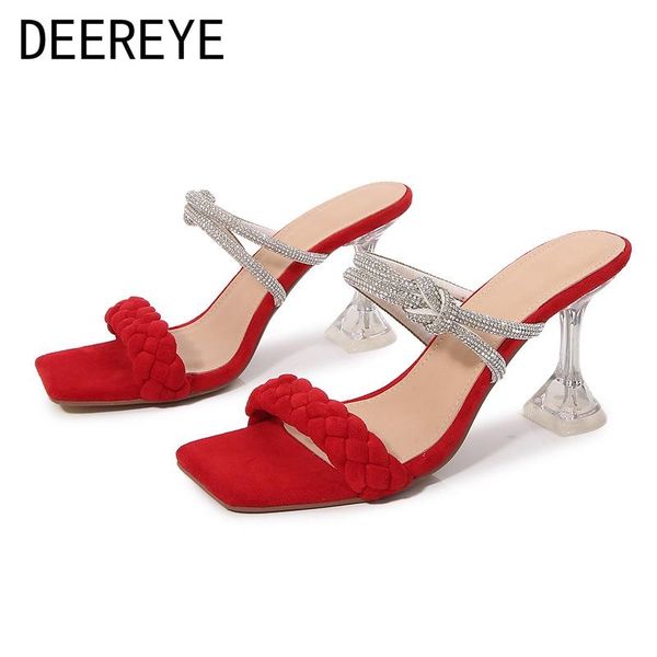 

sandals shiny rhinestone weave women high heel ladies and mules transparent wine glass square toe slip on dress shoe size 36-41, Black
