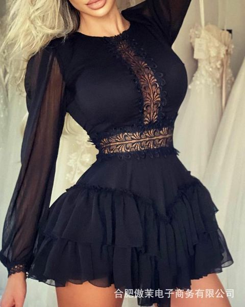 

casual dresses women's mesh lace and ruffled waist dress, Black;gray