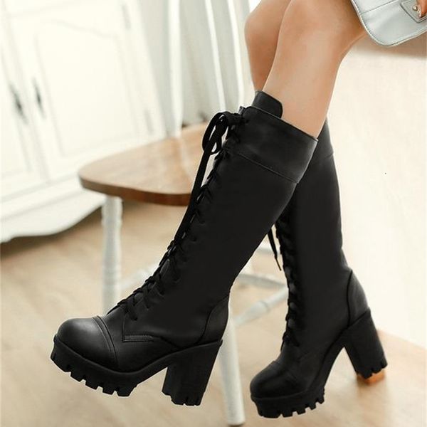 

size 34 to 43 casual white lace up platform chunky heel luxury designer martin boots, Black