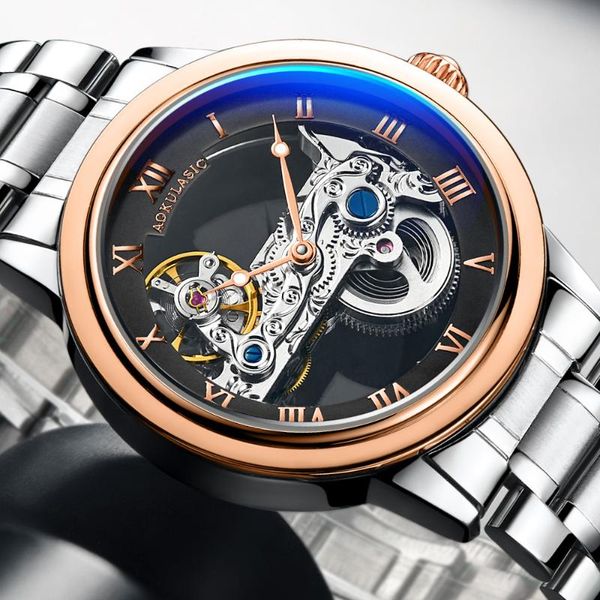 

wristwatches fashion transparent automatic mechanical watch men luxury skeleton gear self winding leather luminous clock montre homme reloj, Slivery;brown