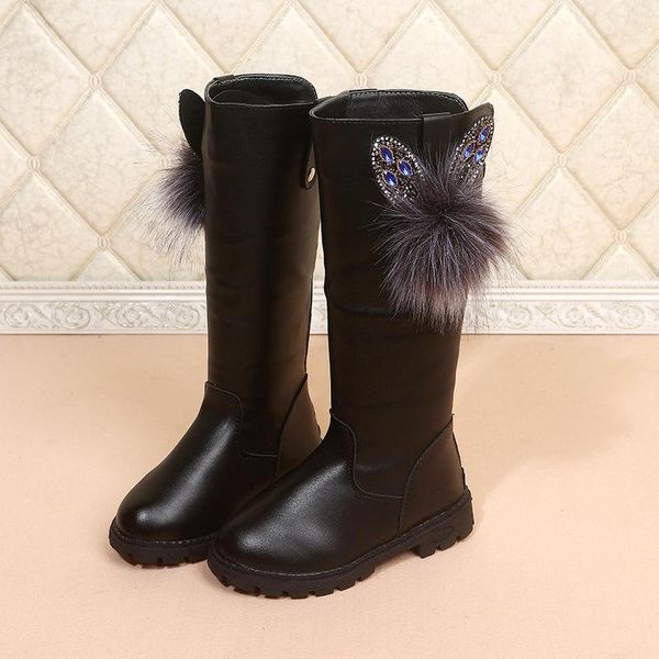 

boots girls princess fashion children 2021 autumn winter knee length plush fur shoes, Black;grey