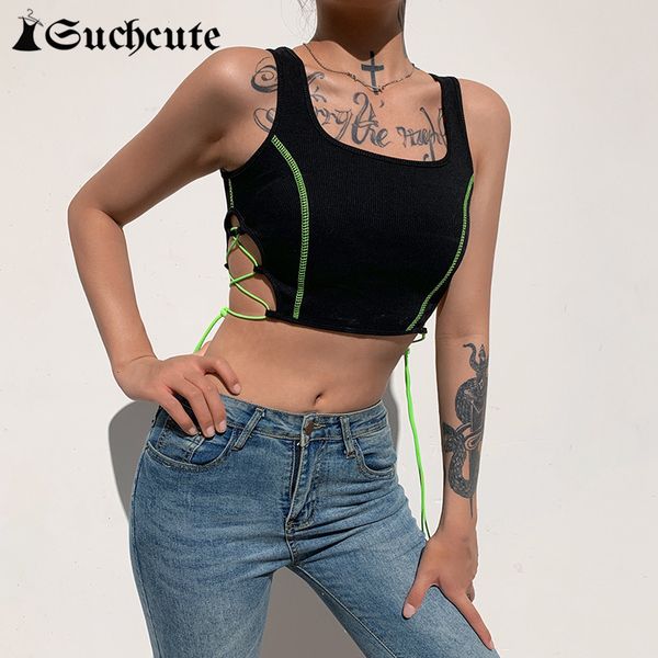 

women's tanks & camis gothic patchwork lace up crop for women streetwear skinny slim female tank fitness activewear iiz, White