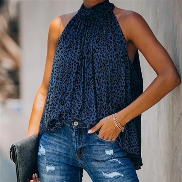 

women's t-shirt summer women sleeveless t shirt halter neck leopard print fashion loose ladies casual street, White