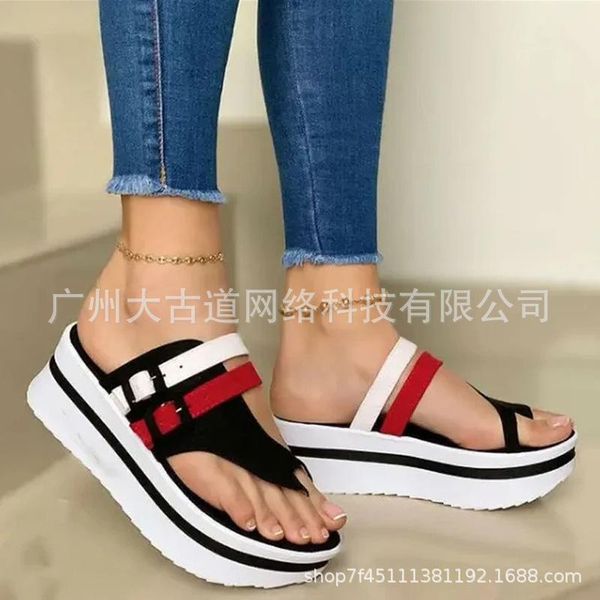 

women's shoes plus size sandals 2021 summer style ladies thick bottom flip flops belt buckle fashion slippers, Black