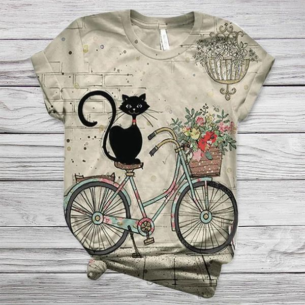 

women's t-shirt cat bicycle printed t shirts for women summer casual short sleeve o-neck female tee shirt pollover o neck plus size, White
