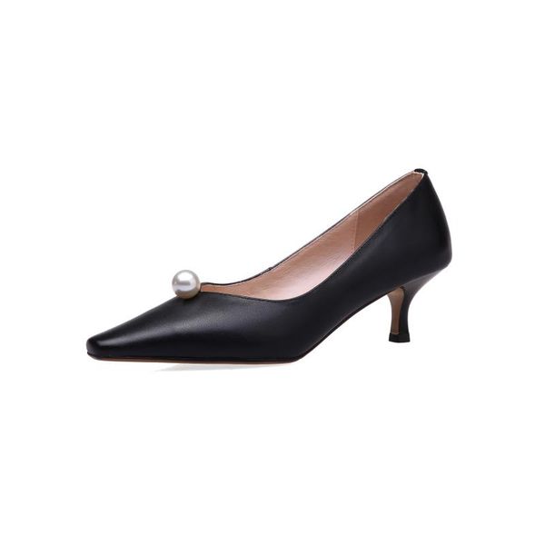 

dress shoes lmyom brand women's genuine leather shallow stiletto heels high gentle square toe size 34-40 spring and autumn, Black