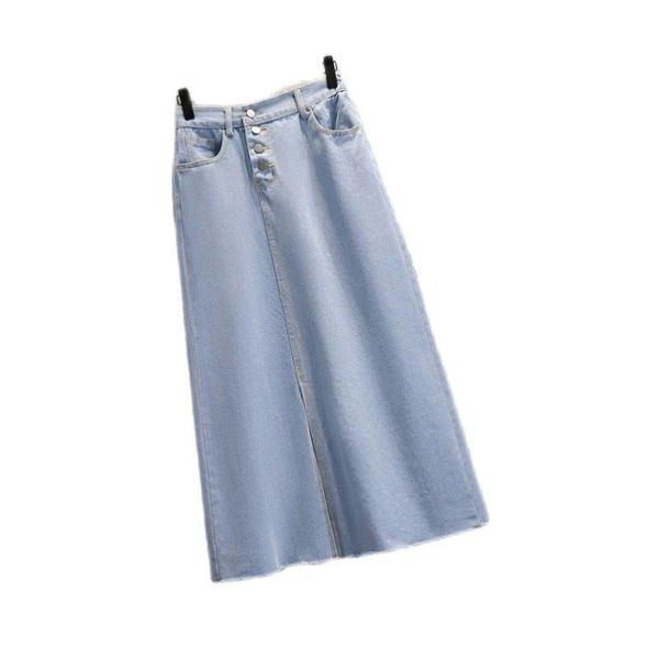 

skirts female denim single-breasted high-waisted split skirt patch pocket fringe, Black