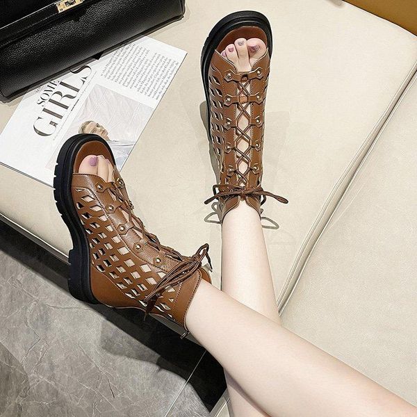 

summer women's sandals breathable mesh boots mid-heel comfortable hollow, Black