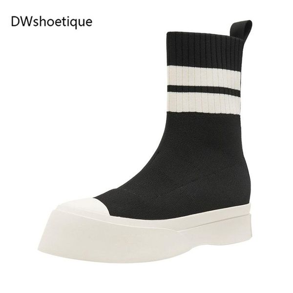 

boots platform round toe knitting women short casual outside slip on ankle, Black