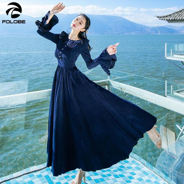 

casual dresses folobe 2021 spring autumn corduroy vintage blue red long sleeve flare women big swing elegant, Black;gray