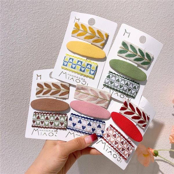 

hair accessories 3 pcs korean sweet girl princess love fabric bb clip vintage ethnic style embroidery leaves children's, Slivery;white