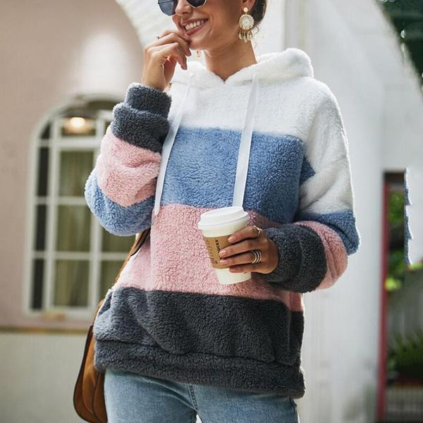 

women's hoodies & sweatshirts women sweatshirt striped patchwork ladies long sleeve pullover plush autumn winter female warm clothing 2, Black