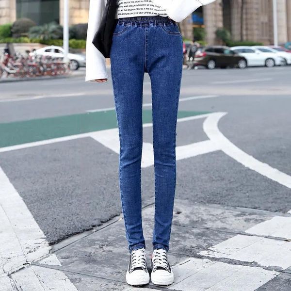

women's jeans elastic waist womens denim pants stretch slim all-match solid autumn basic pencil female plus size skinny trousers, Blue