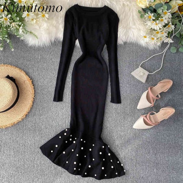

kimutomo women dress solid french style female knitted solid o-neck high waist irregular ruffles beading mermaid elegant 210521, Black;gray