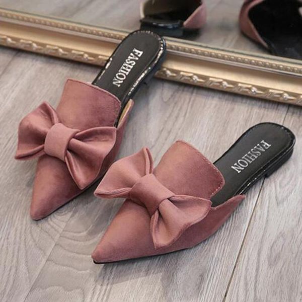 

slippers mules shoes women bow pointed summer flat sandals flock casual slides outdoor big size, Black
