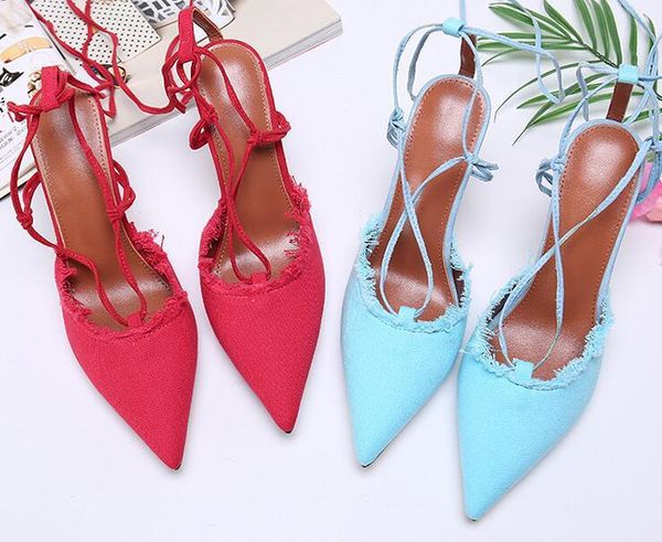 

dress shoes ins woman circle heel pointed toe lace up blue red color large size custom make high party, Black