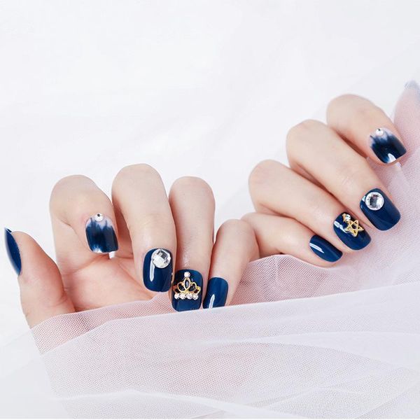 

24pcs/box fasion dark blue shining rhinestone star crown pattern fake nails press on decorated bride detachable wearable simple1, Red;gold