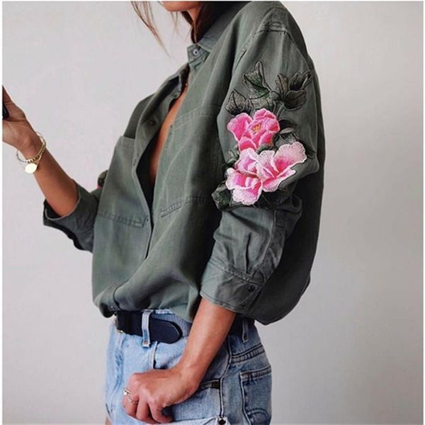 

women's blouses & shirts blouse vintage flower embroidery casual women s-l turn-down collar long sleeves punk shirt single-breasted po, White
