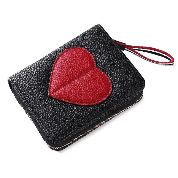 

wallets cute coin purse for women large capacity id/business/bank/ holder heart lichee pattern pu leather cross wallet female, Red;black