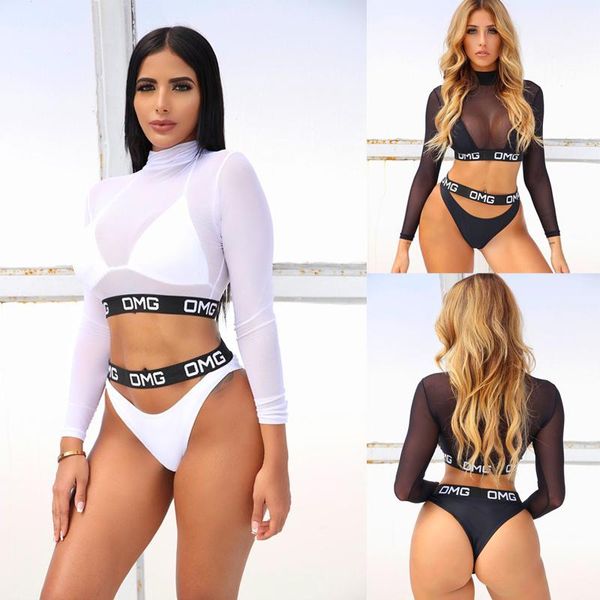 

women bikini set long sleeve mesh t-shirt cover with bra thongs 3pcs swimwear bathing suit swimsuit swimming wear two-piece suits