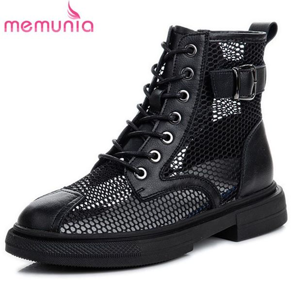 

boots memunia 2021 low heel casual shoes women ankle cross tied genuine leather +mesh summer woman, Black