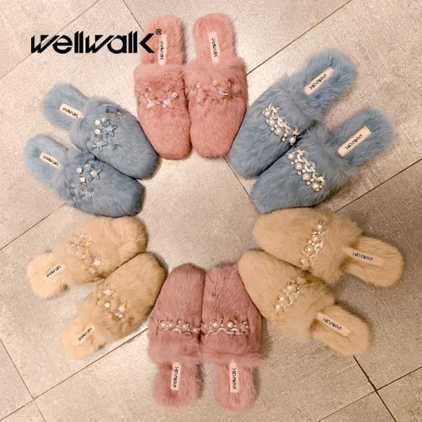 

slippers fur home women flat shoes plush rhinestone buckle pearl decor loafers female fashion winter fuzzy mules, Black