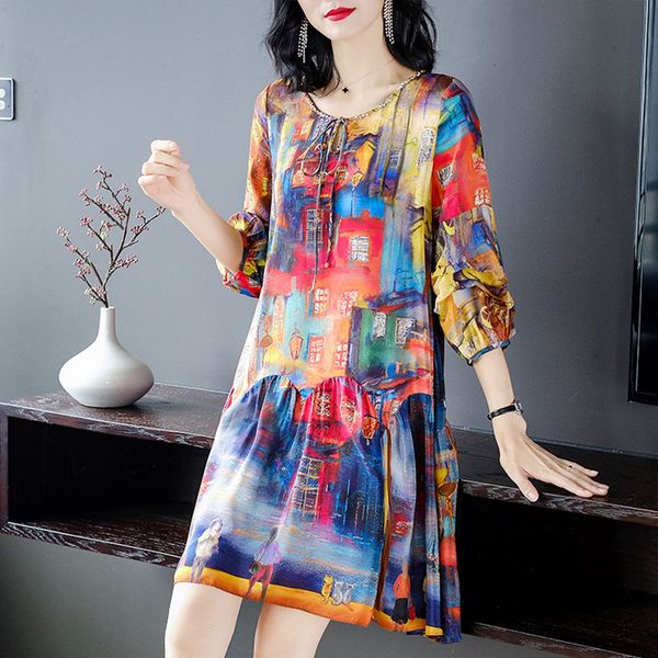 

women's plus size t shirt spring high-end large loose fantasy printed silk 81221