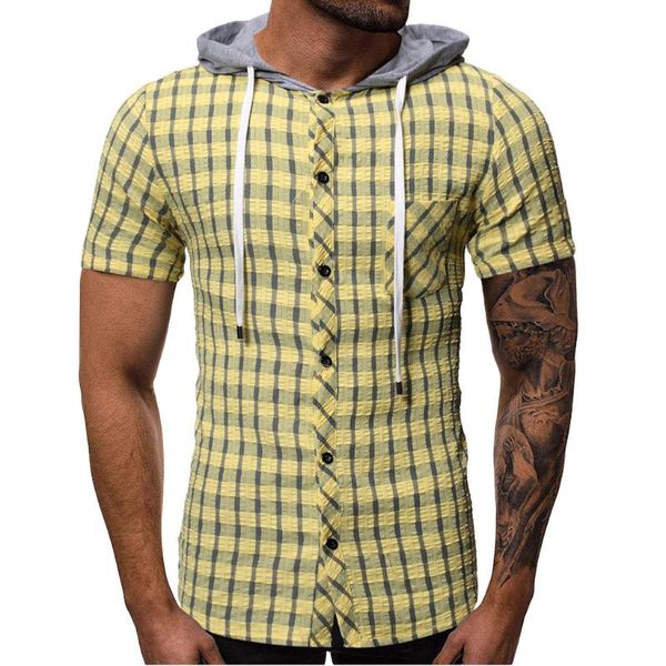 

short sleeve shirt men clothes summer mens shirts casual slim fit plaid camisa masculina chemise homme whit hooded pocket 5.14 men's, White;black