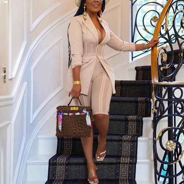 

women's tracksuits 2021 trendy women two piece chic workwear suits long sleeve lighweight & slim shorts set, Gray