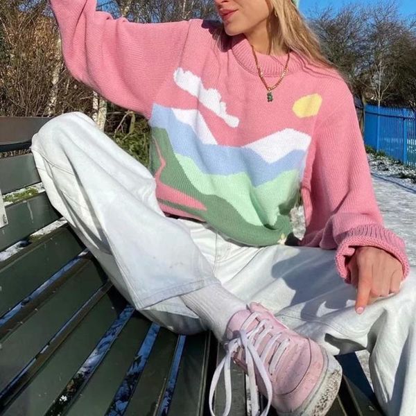 

women's sweaters xeasy 2021 women vintage round neck pink landscape paint cute sweater girl sweet casual pullover long sleeve chic top, White;black